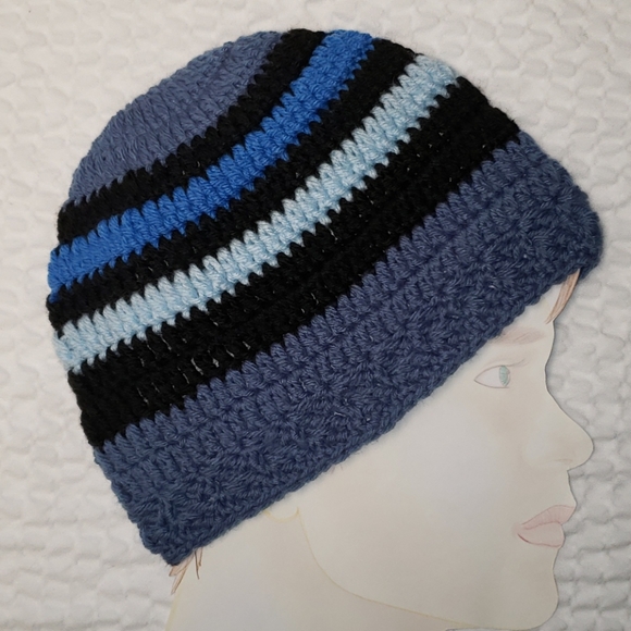 Men's Crochet Beanie/ Blue/ Black/ Handmade - Picture 5 of 5